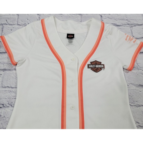 Harley Davidson Baseball T-Shirt Tee Stripe White Orange Dallas sz Medium Button - Picture 3 of 10